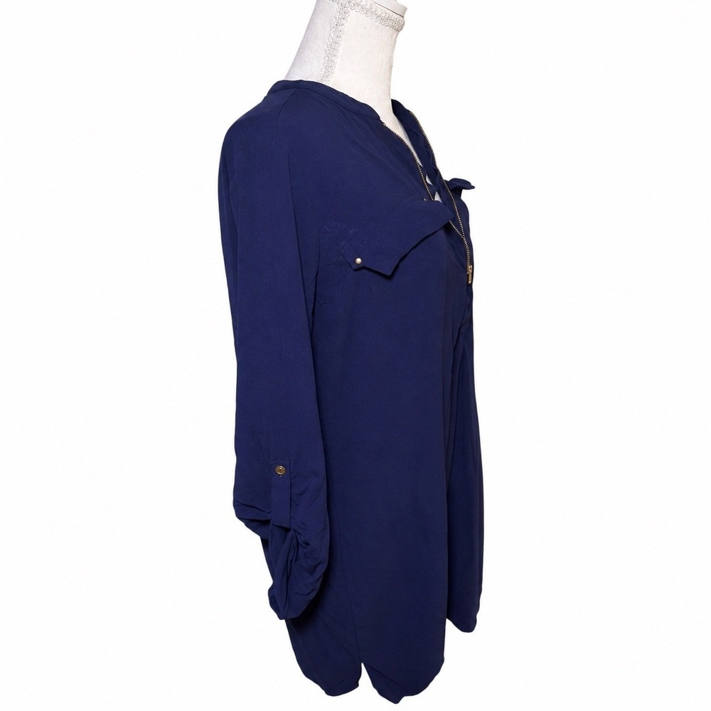 Faded Glory Womens XL Blue Sapphire Rayon Tunic Dress Zip‎ Front Roll Tab - Picture 3 of 6